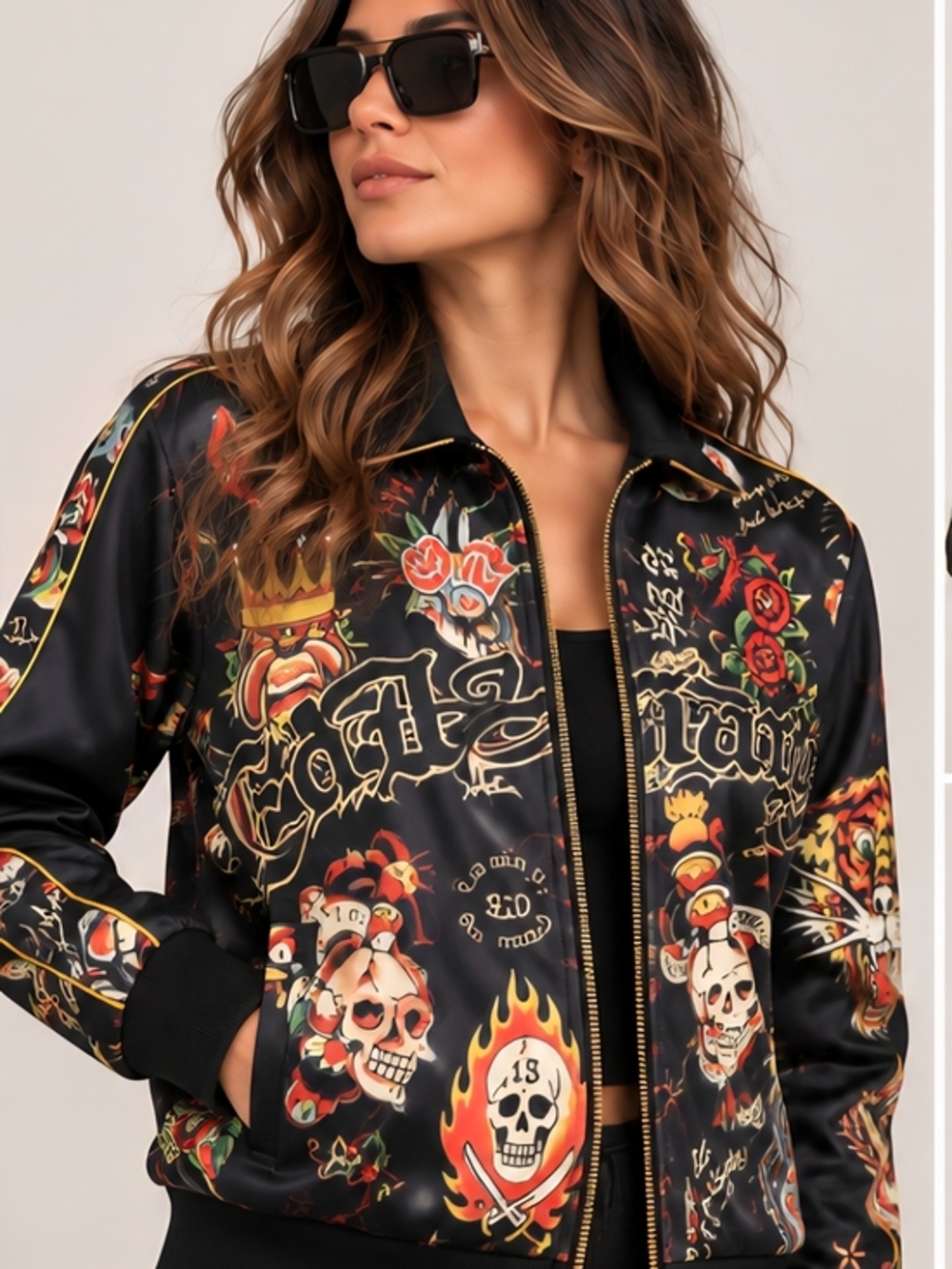 NWT Ed Hardy Tattoo Graphic Bomber Jacket Y2K Black Multicolor Tiger Skull M